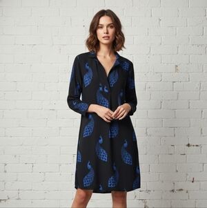 Ann Taylor Black Blue Peacock Shirt Dress Shift Mini Boho M